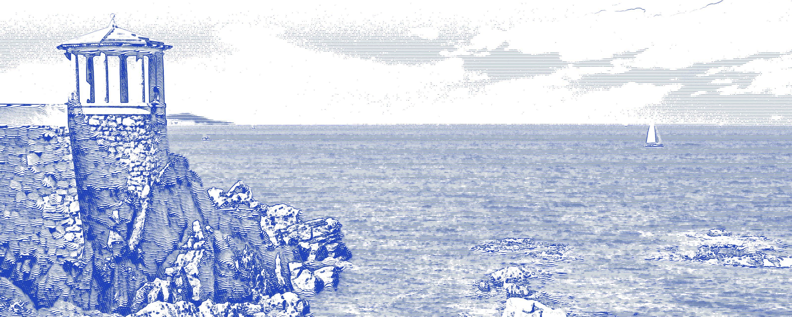 Blue ink engraving of a Costa Brava cove at S'Agaró: a round stone gazebo with columns on a granite cliff, rocks in the water, and the open sea with a sailboat under scattered clouds.